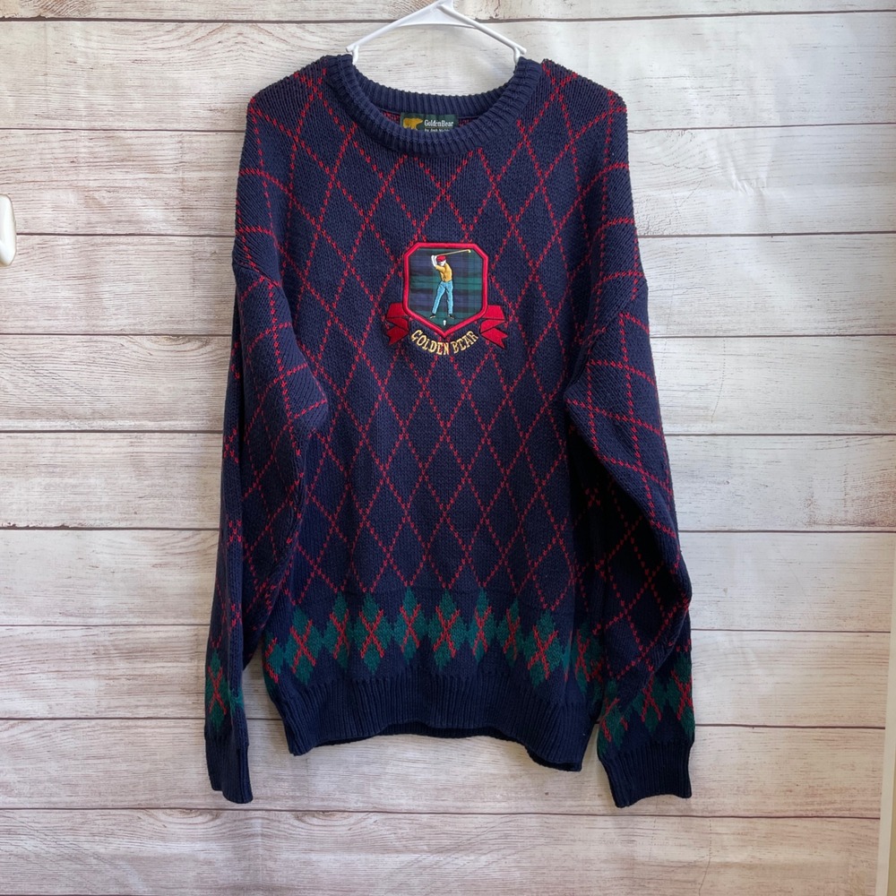 VINTAGE JACK NICKLAUS GOLDEN BEAR EMBROIDERED SWEATER IN NAVY BLUE AND RED